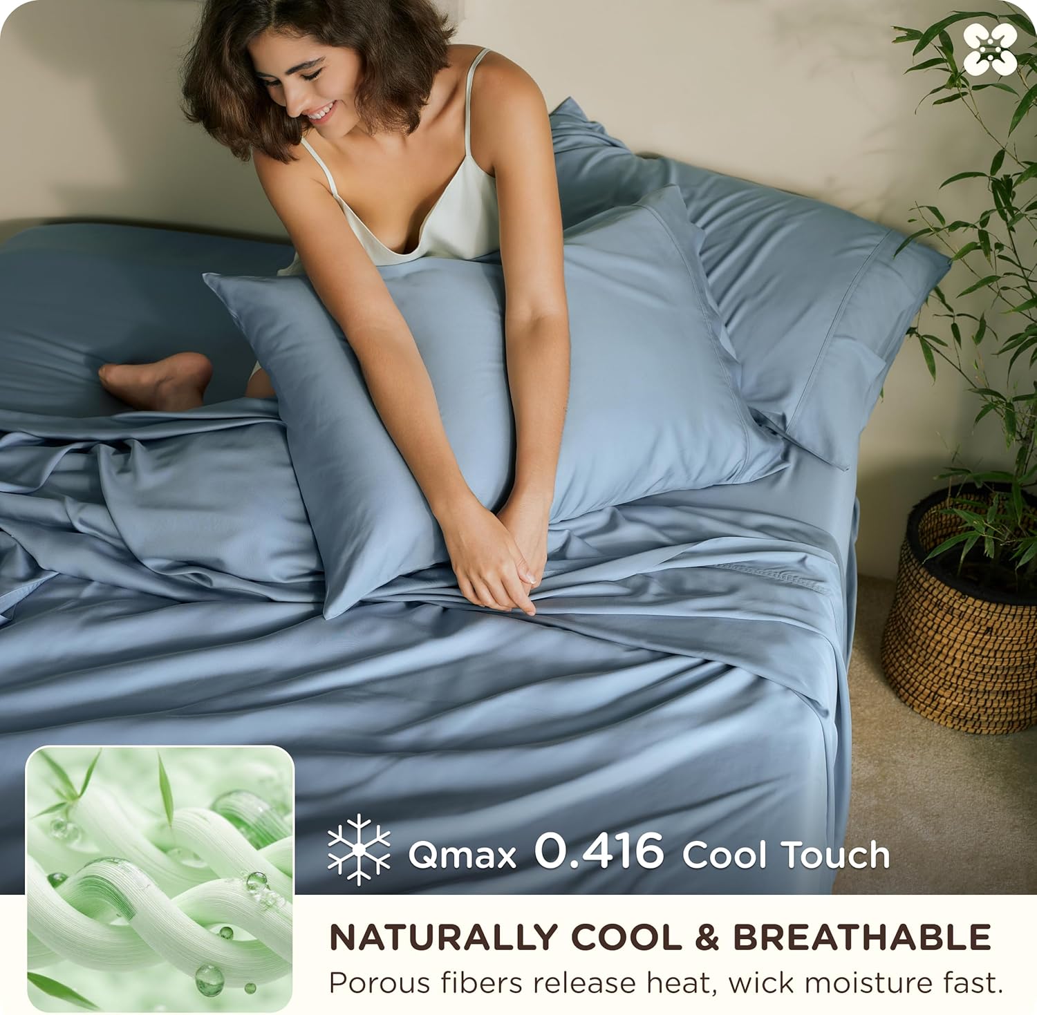 Bedsure 100% Organically Grown Bamboo Viscose Sheets - 18 Inches Deep Pocket Sheets with Elastic Corner, Queen Sheet Set, Ultra-Soft, Silky & Cooling Bedsheets, Oeko-Tex, 4 Pieces, Mineral Blue