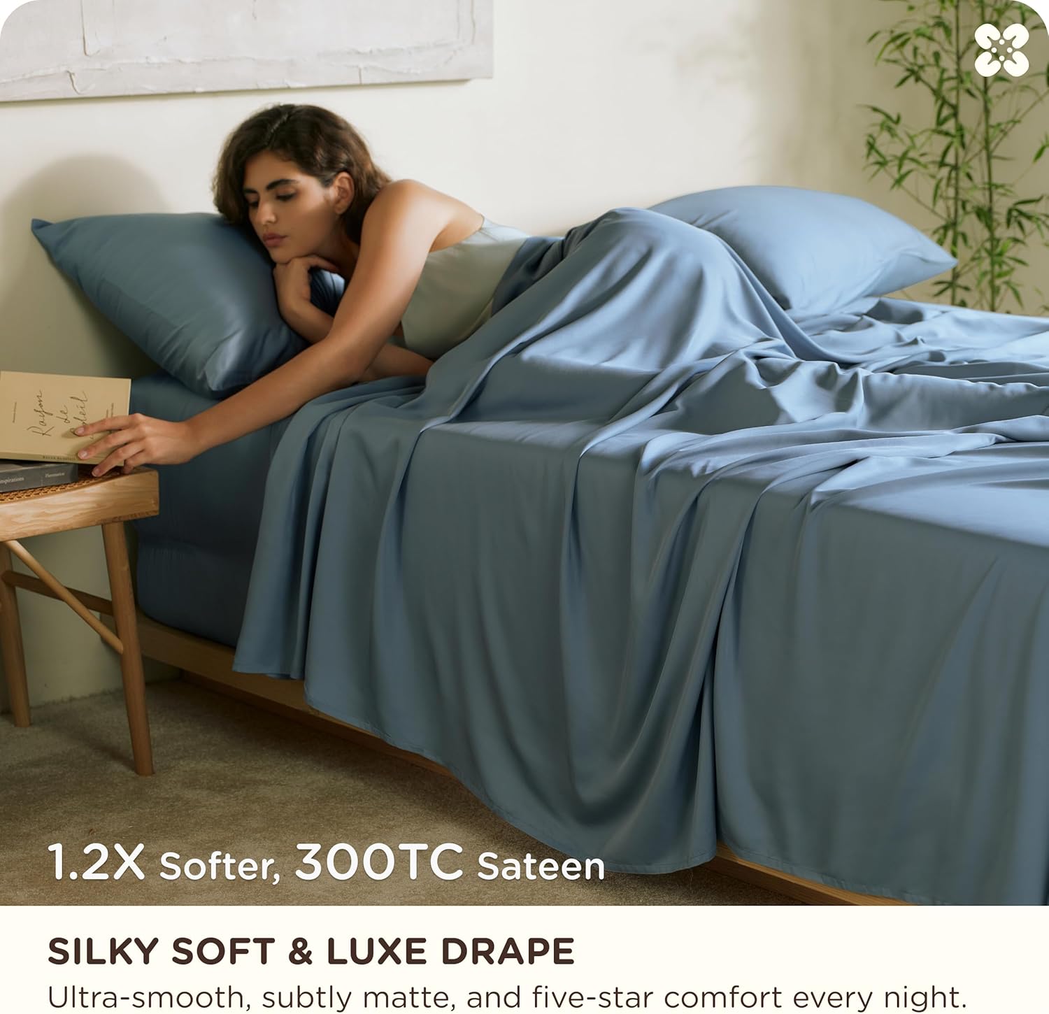 Bedsure 100% Organically Grown Bamboo Viscose Sheets - 18 Inches Deep Pocket Sheets with Elastic Corner, Queen Sheet Set, Ultra-Soft, Silky & Cooling Bedsheets, Oeko-Tex, 4 Pieces, Mineral Blue