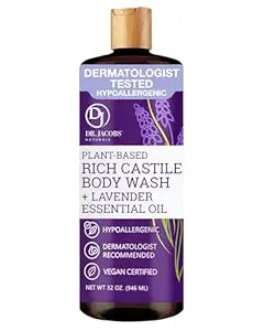 Dr. Jacobs Naturals Pure Castile Soap Liquid Body Wash, Lavender - Plant Based Soap Infused with Vitamin E and Aloe Vera to Moisturize Dry and Sensitive Skin - Made in The USA - 32 oz, Pack of 1