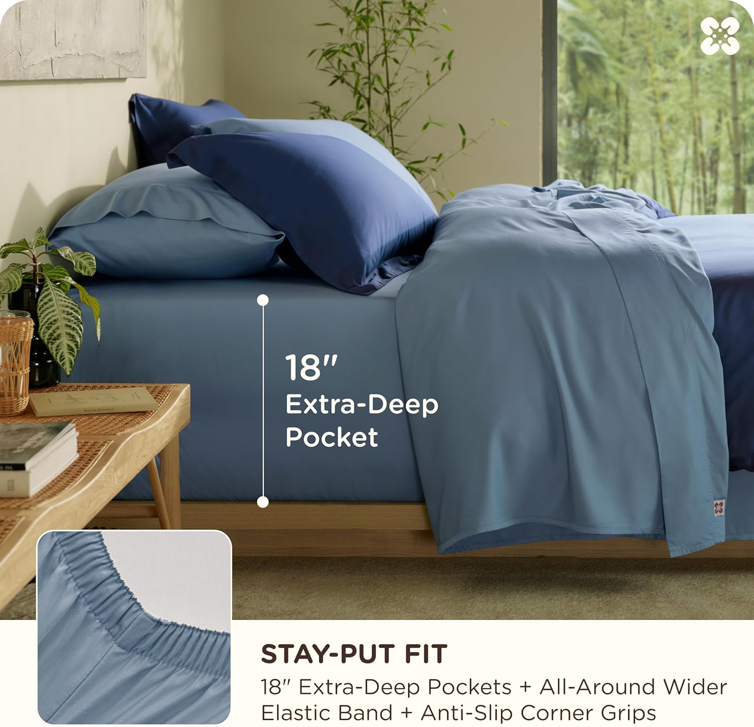 Bedsure 100% Organically Grown Bamboo Viscose Sheets - 18 Inches Deep Pocket Sheets with Elastic Corner, Queen Sheet Set, Ultra-Soft, Silky & Cooling Bedsheets, Oeko-Tex, 4 Pieces, Mineral Blue