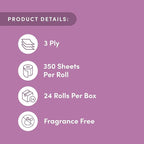 Amazon Aware 100% Bamboo 3-Ply Toilet Paper, Unscented, 24 Rolls, FSC Certified, 350 Sheets, 8400 Count, Pack of 24, Plastic-Free