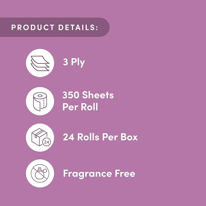 Amazon Aware 100% Bamboo 3-Ply Toilet Paper, Unscented, 24 Rolls, FSC Certified, 350 Sheets, 8400 Count, Pack of 24, Plastic-Free