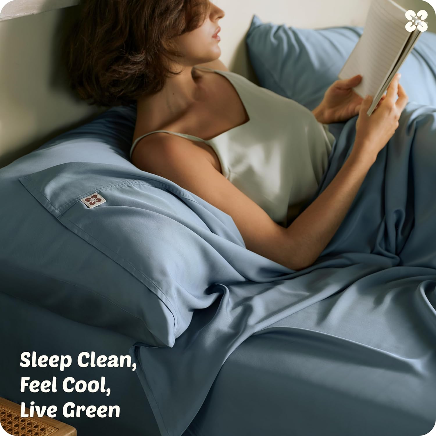 Bedsure 100% Organically Grown Bamboo Viscose Sheets - 18 Inches Deep Pocket Sheets with Elastic Corner, Queen Sheet Set, Ultra-Soft, Silky & Cooling Bedsheets, Oeko-Tex, 4 Pieces, Mineral Blue