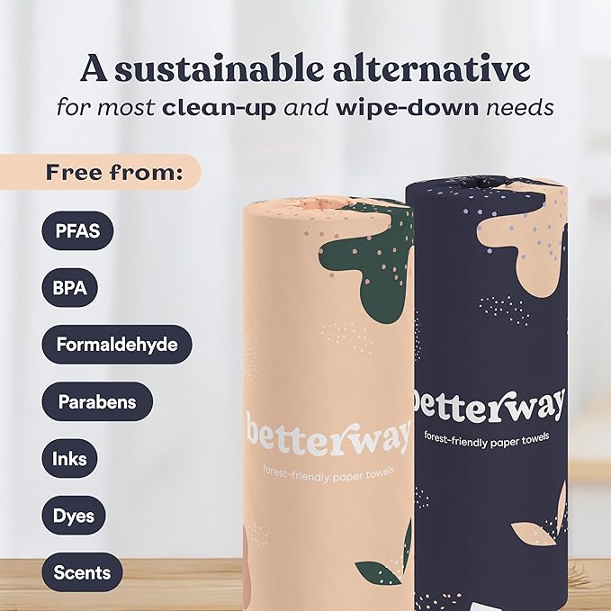 Betterway Bamboo Paper Towels - 6 Rolls, 2 Ply - Plastic Free, Disposable Kitchen Paper Towels - Select Size, Tree Free, Compostable, Strong & Absorbent, No Dyes - PFAS Free
