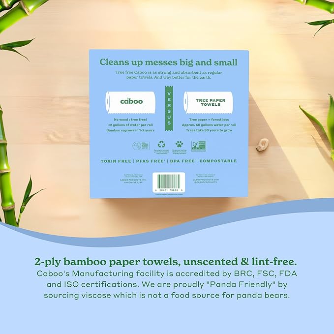 Caboo Tree Free Paper Towels, 6 Rolls, Eco Friendly, Earth Friendly, Sustainable Kitchen Paper Towels with Strong 2 Ply Sheets