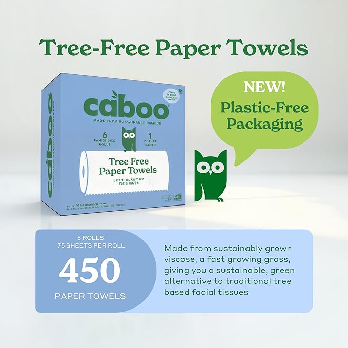 Caboo Tree Free Paper Towels, 6 Rolls, Eco Friendly, Earth Friendly, Sustainable Kitchen Paper Towels with Strong 2 Ply Sheets