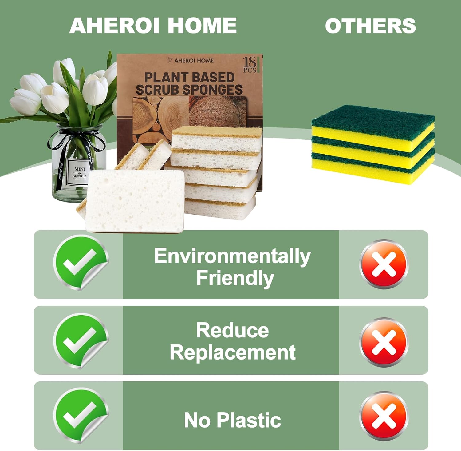 Aheroi Natural Dish Sponge, 18 Count FSC Certified Plant-Based Biodegradable Kitchen Sponges for Dishes, Compostable Eco Friendly Sponges, Organic Cleaning Sponge Dish Scrubber Products for Household