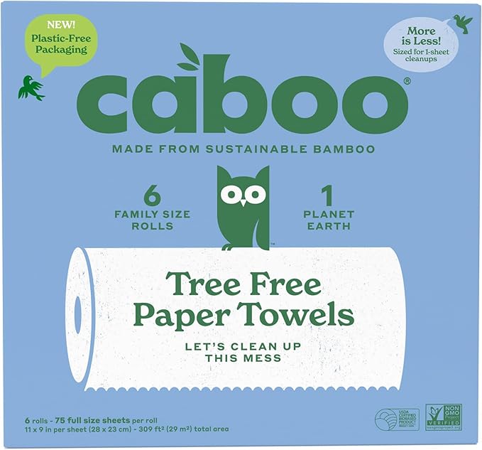 Caboo Tree Free Paper Towels, 6 Rolls, Eco Friendly, Earth Friendly, Sustainable Kitchen Paper Towels with Strong 2 Ply Sheets