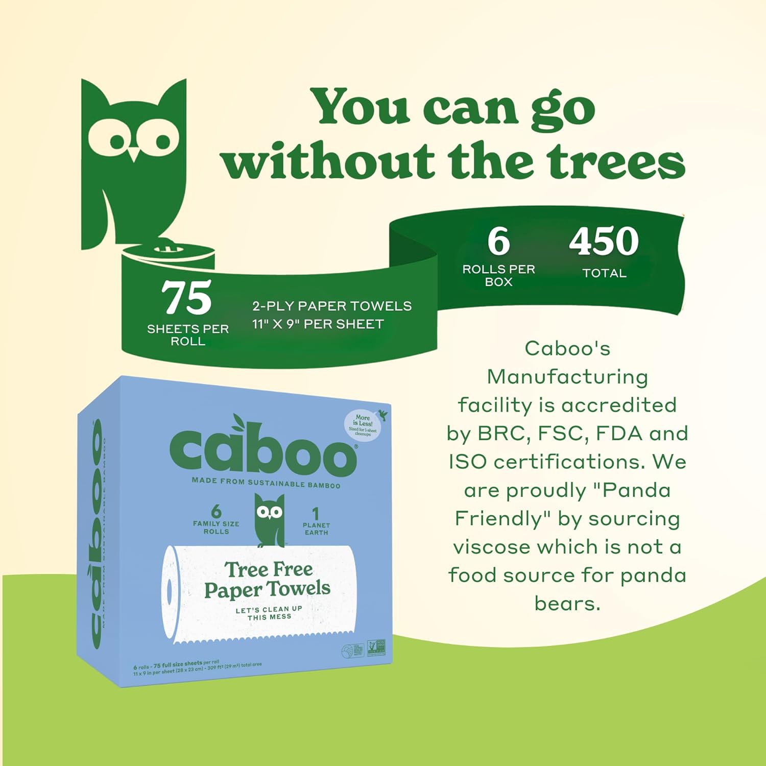 Caboo Tree Free Paper Towels, 6 Rolls, Eco Friendly, Earth Friendly, Sustainable Kitchen Paper Towels with Strong 2 Ply Sheets