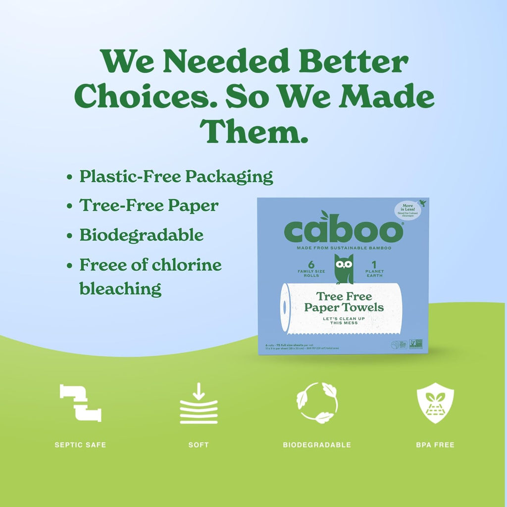Caboo Tree Free Paper Towels, 6 Rolls, Eco Friendly, Earth Friendly, Sustainable Kitchen Paper Towels with Strong 2 Ply Sheets