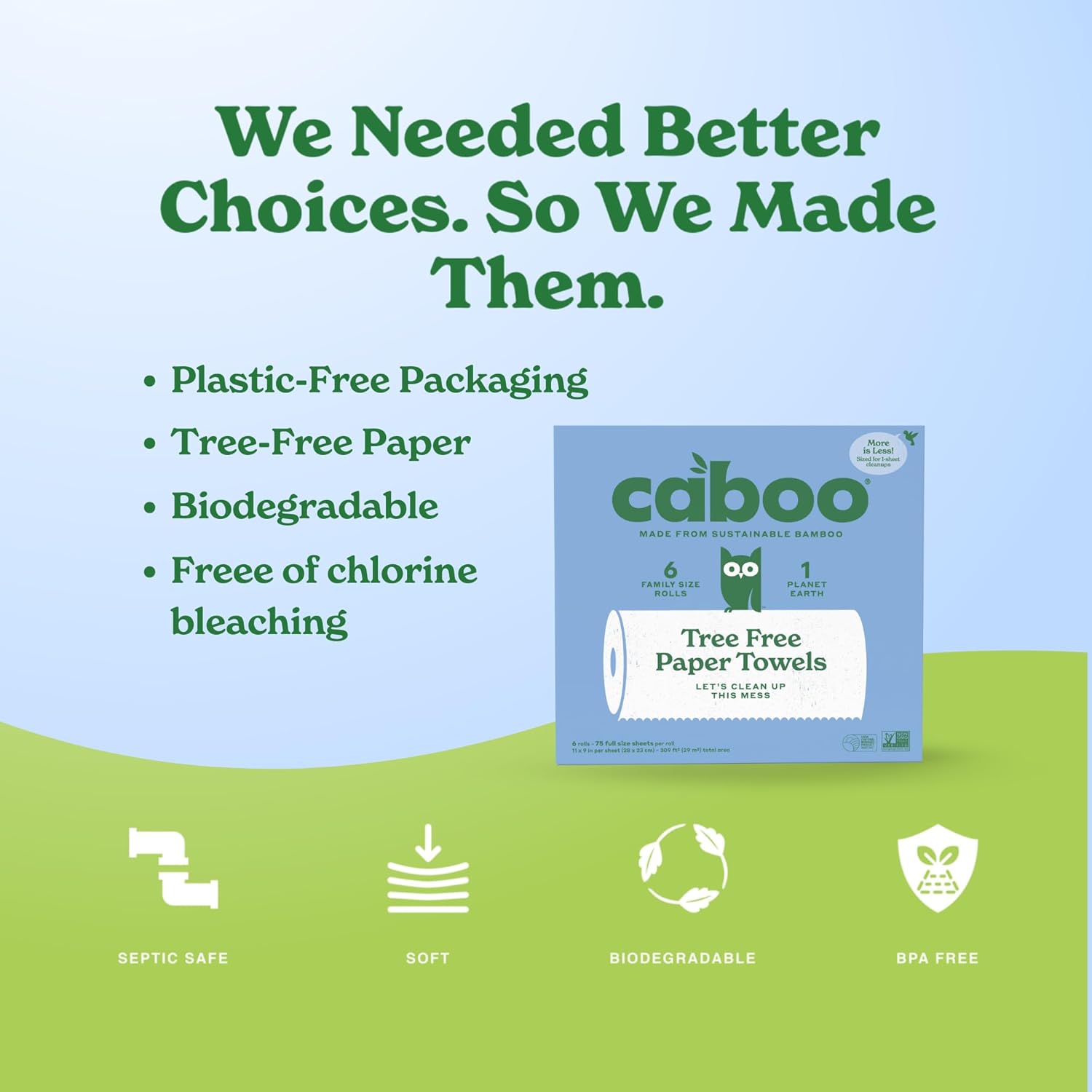 Caboo Tree Free Paper Towels, 6 Rolls, Eco Friendly, Earth Friendly, Sustainable Kitchen Paper Towels with Strong 2 Ply Sheets