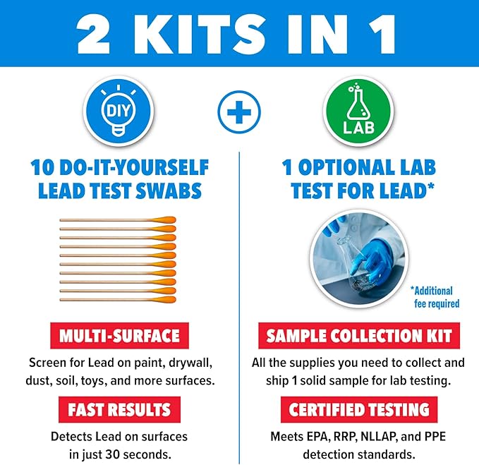 Safe Home® Lead in Solids Combo Test Kit – 10 DIY Swabs + Optional Testing at our EPA Certified Lab – Made in the USA for Homeowners & Contractors – (1 Pack)