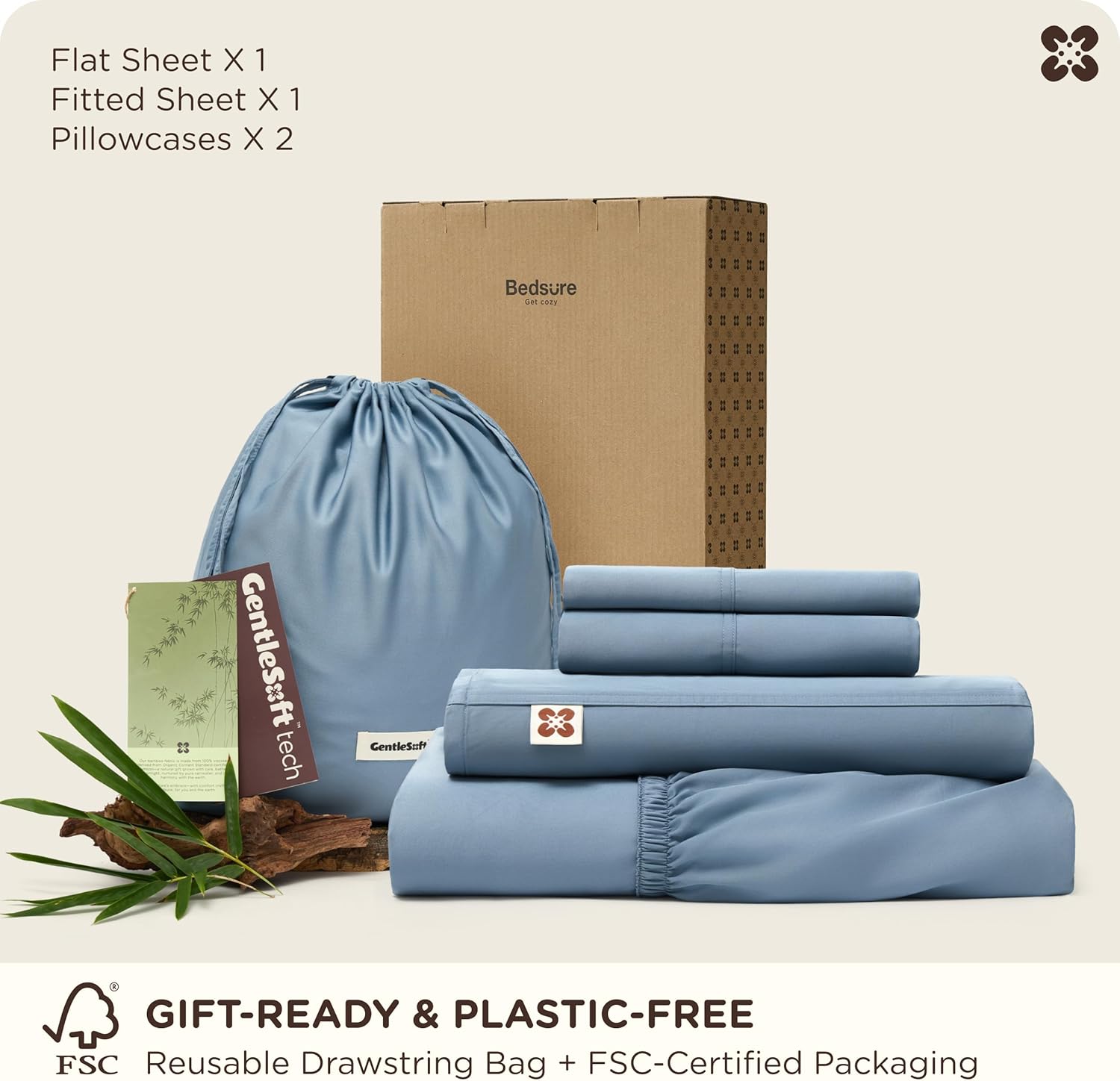 Bedsure 100% Organically Grown Bamboo Viscose Sheets - 18 Inches Deep Pocket Sheets with Elastic Corner, Queen Sheet Set, Ultra-Soft, Silky & Cooling Bedsheets, Oeko-Tex, 4 Pieces, Mineral Blue