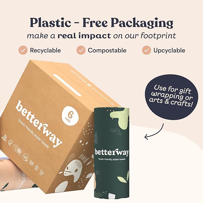 Betterway Bamboo Paper Towels - 6 Rolls, 2 Ply - Plastic Free, Disposable Kitchen Paper Towels - Select Size, Tree Free, Compostable, Strong & Absorbent, No Dyes - PFAS Free