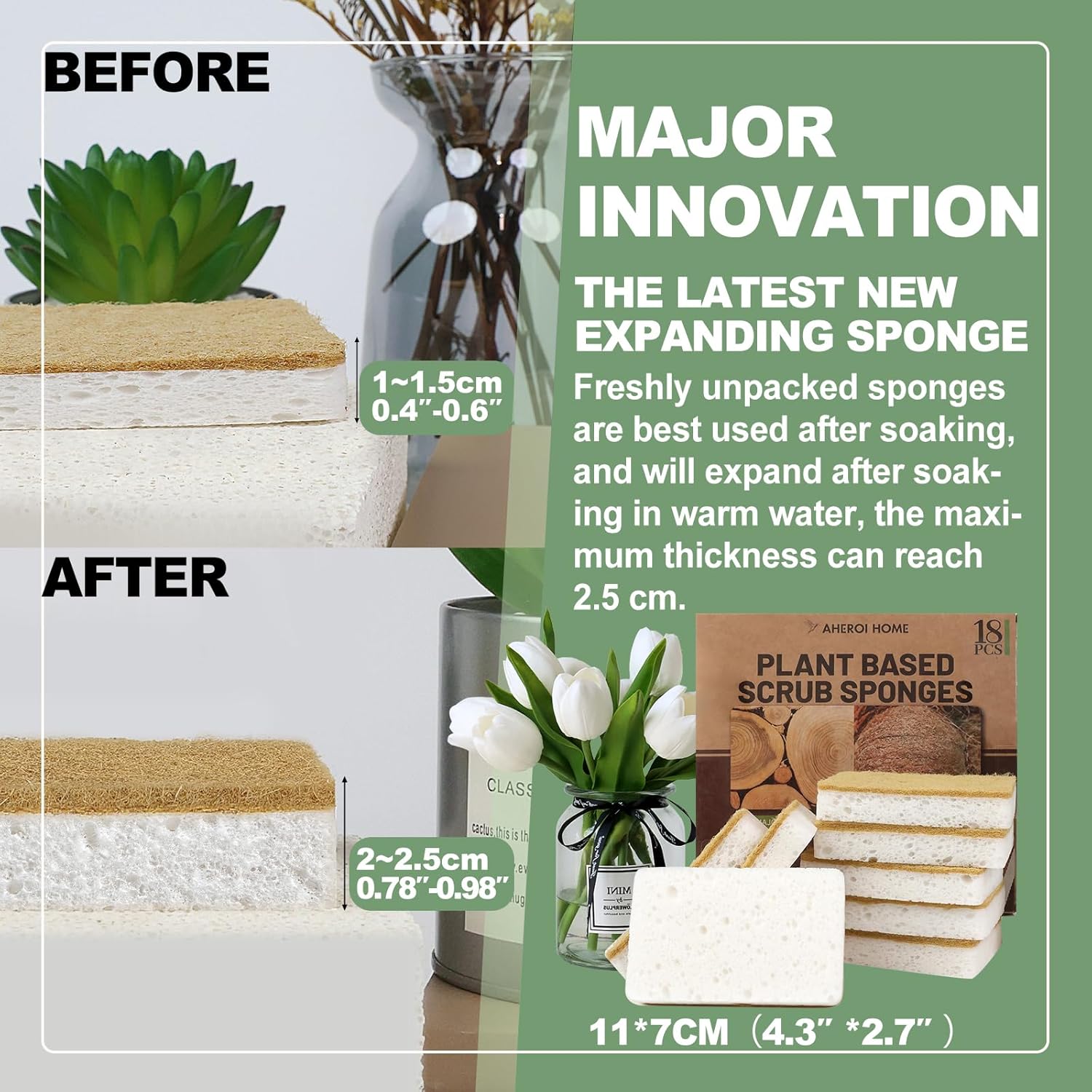 Aheroi Natural Dish Sponge, 18 Count FSC Certified Plant-Based Biodegradable Kitchen Sponges for Dishes, Compostable Eco Friendly Sponges, Organic Cleaning Sponge Dish Scrubber Products for Household