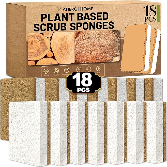 Aheroi Natural Dish Sponge, 18 Count FSC Certified Plant-Based Biodegradable Kitchen Sponges for Dishes, Compostable Eco Friendly Sponges, Organic Cleaning Sponge Dish Scrubber Products for Household