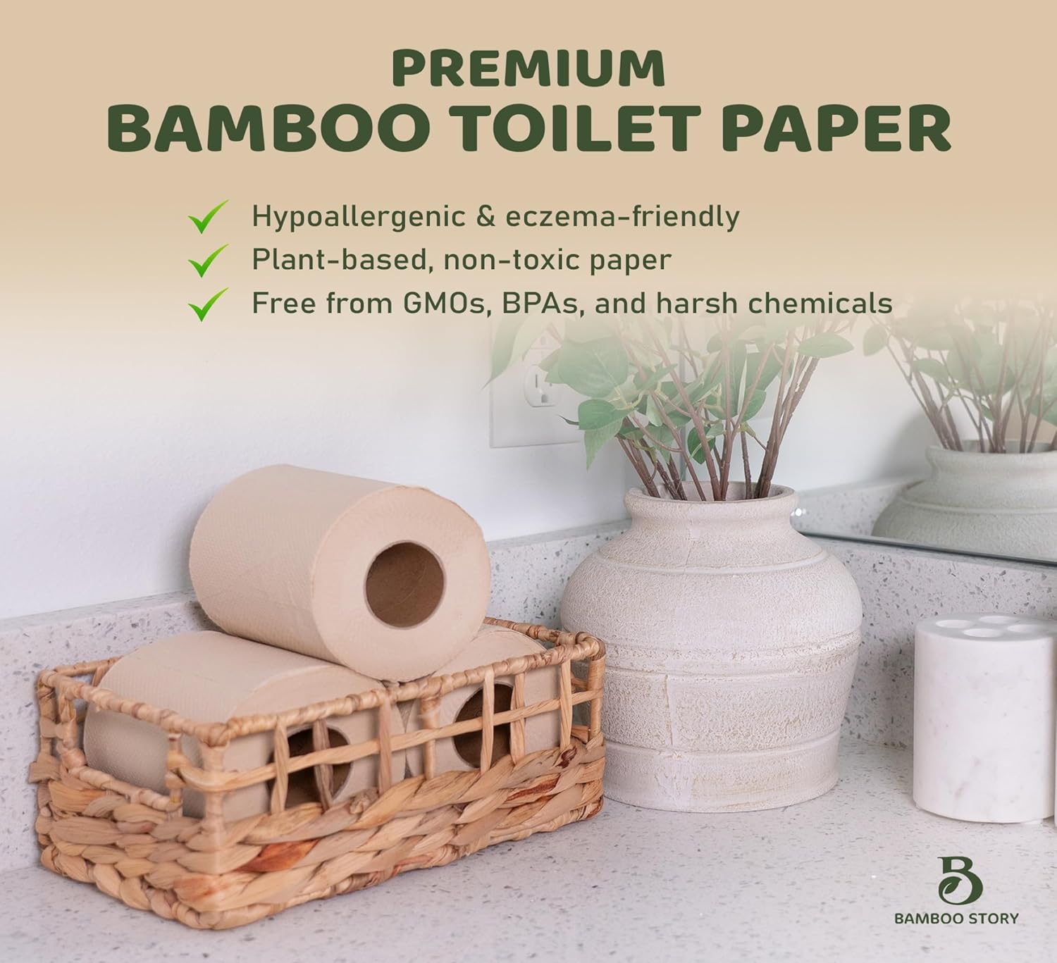 Bamboo Toilet Paper Unbleached, 12 Rolls, 3 Ply and 300 Sheets Bamboo Toilet Tissue - FSC Certified, Biodegradable, Chemical Free, Plastic Free, BPA Free, Septic Safe Toilet Paper