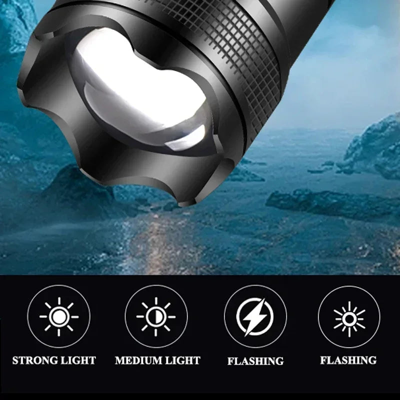 Powerful P70 LED Flashlights High Power Ultra Bright Tactical Light Emergency Spotlights Telescopic Zoom Light Built-in Battery
