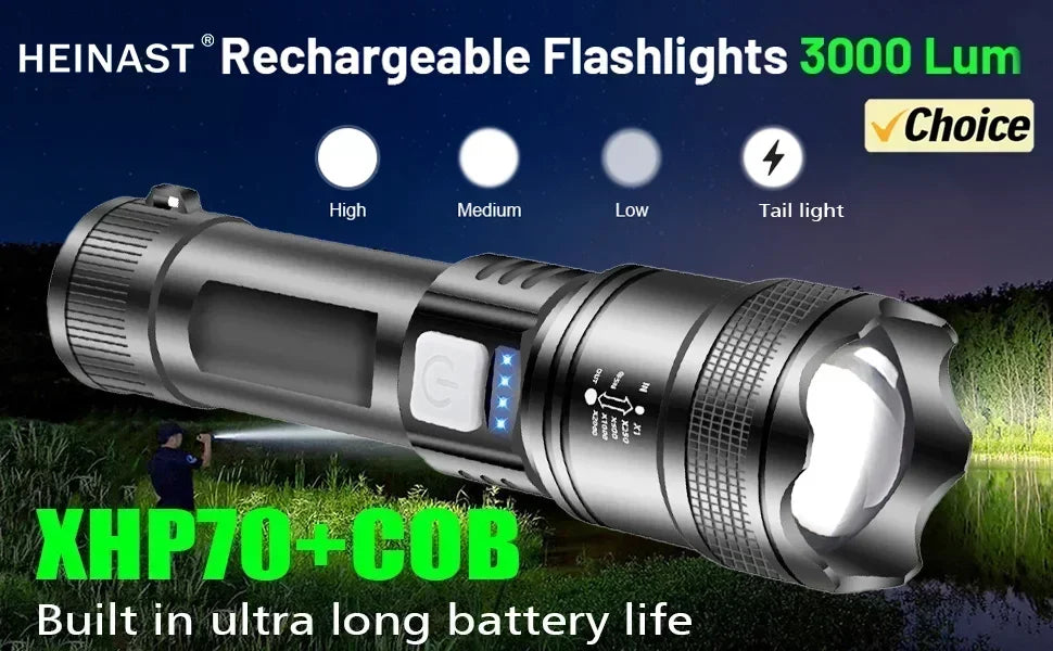 Powerful P70 LED Flashlights High Power Ultra Bright Tactical Light Emergency Spotlights Telescopic Zoom Light Built-in Battery