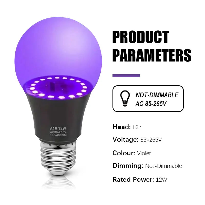 12W UV LED Bulb AC85-265V Purple Transparent Stage Bar Light Holiday Halloween Atmosphere Decor for Background/Party