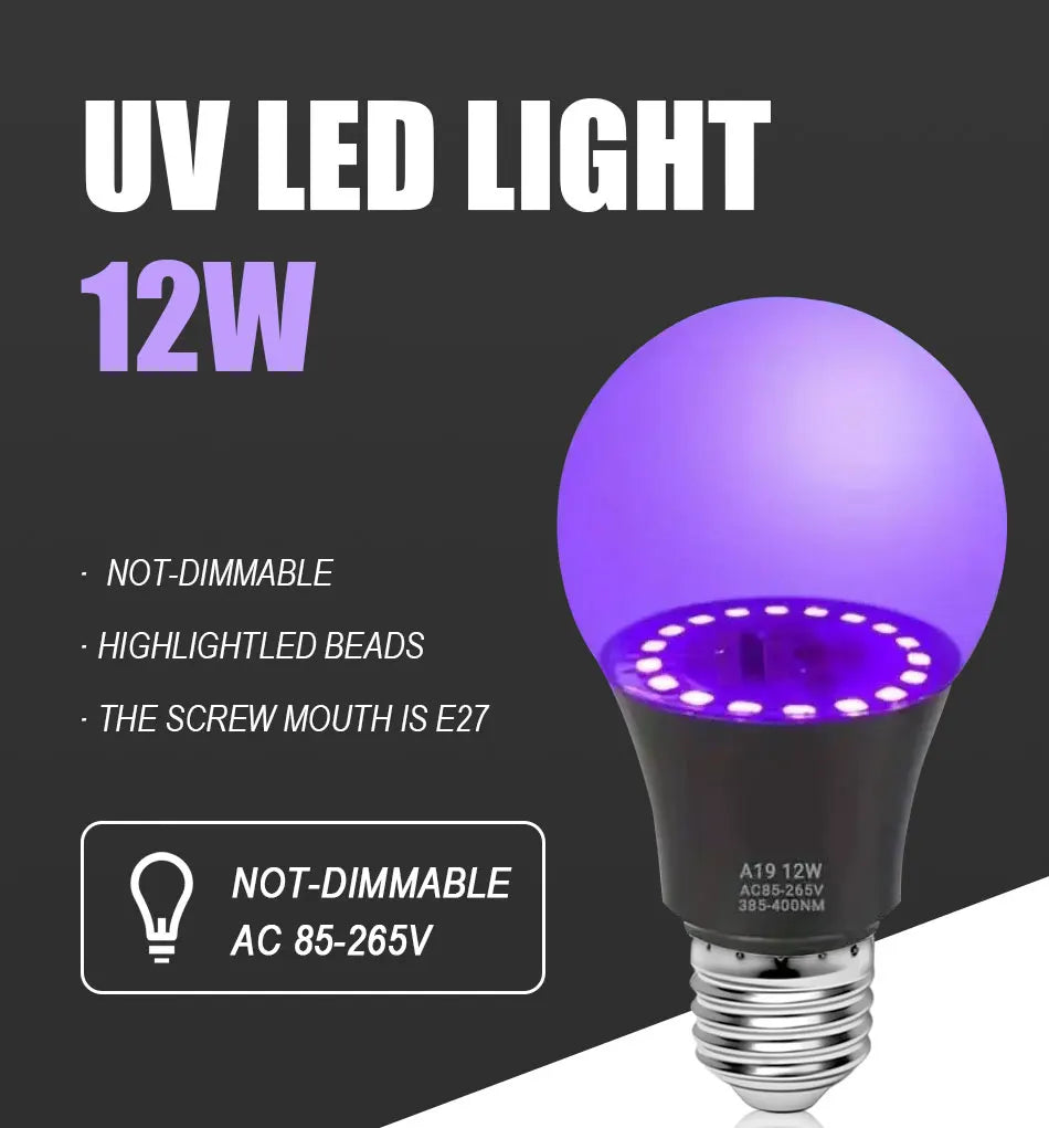 12W UV LED Bulb AC85-265V Purple Transparent Stage Bar Light Holiday Halloween Atmosphere Decor for Background/Party