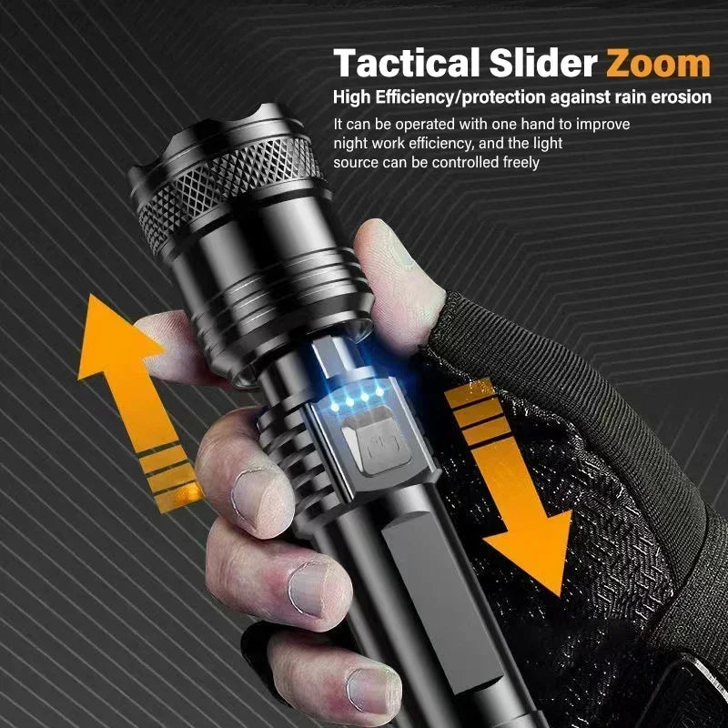 Powerful P70 LED Flashlights High Power Ultra Bright Tactical Light Emergency Spotlights Telescopic Zoom Light Built-in Battery