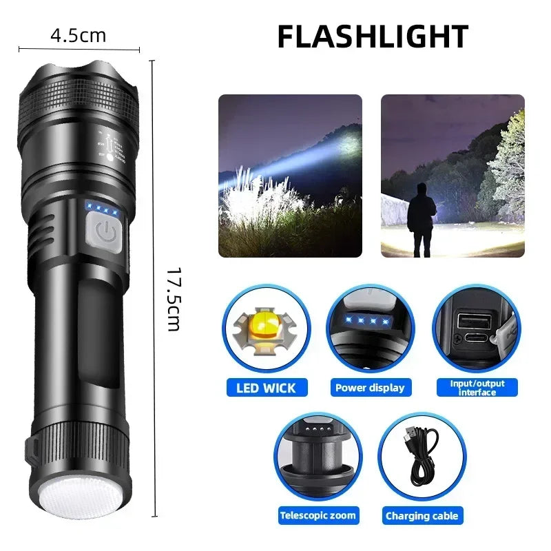Powerful P70 LED Flashlights High Power Ultra Bright Tactical Light Emergency Spotlights Telescopic Zoom Light Built-in Battery