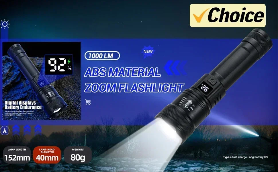 Powerful P70 LED Flashlights High Power Ultra Bright Tactical Light Emergency Spotlights Telescopic Zoom Light Built-in Battery