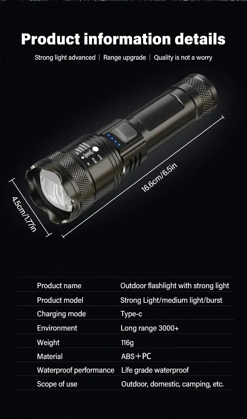 Powerful P70 LED Flashlights High Power Ultra Bright Tactical Light Emergency Spotlights Telescopic Zoom Light Built-in Battery