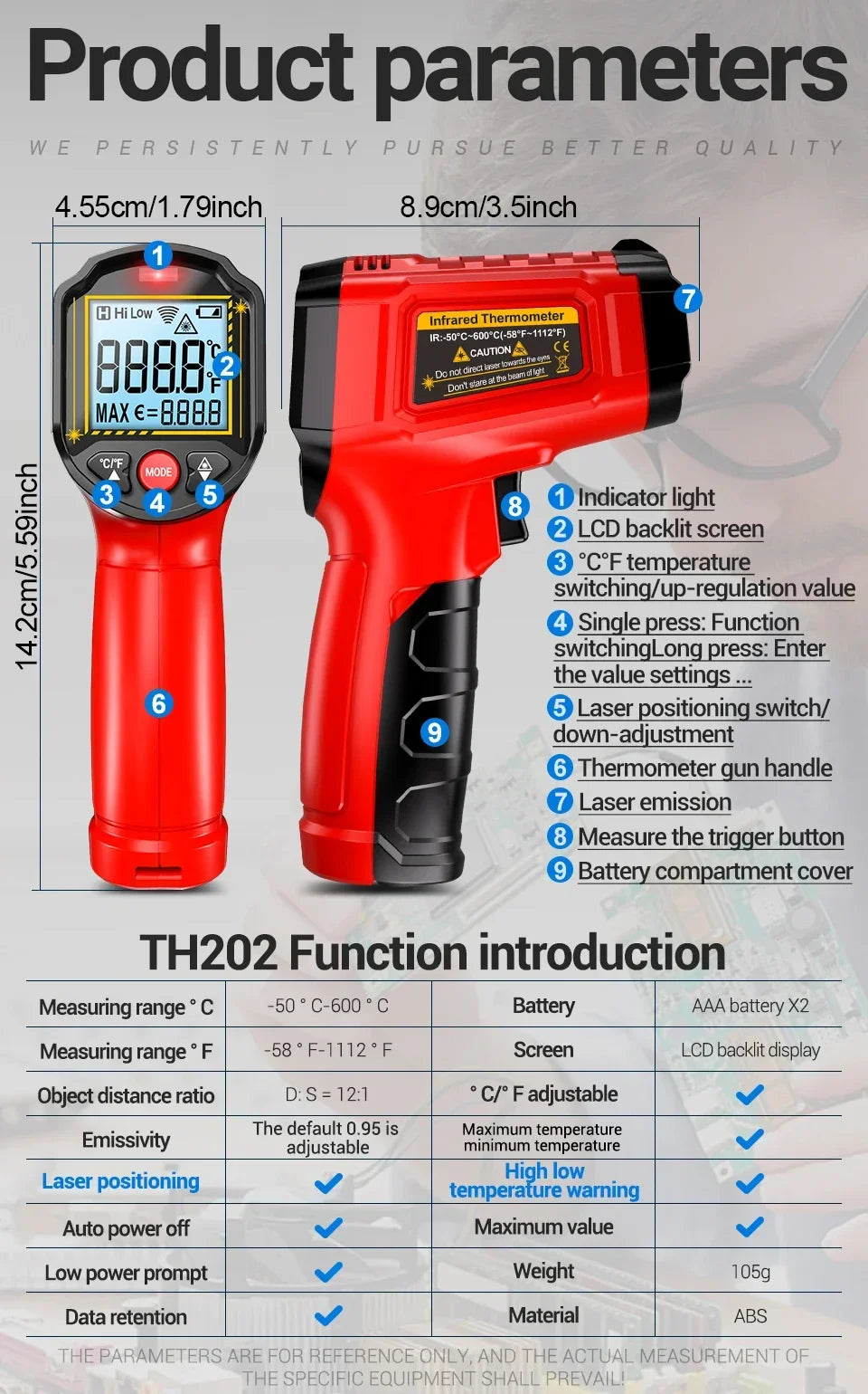 ANENG TH202 Infrared Thermometer Non-contact -50~600℃ Digital Laser Temperature Meter LCD display Pyrometer Point Gun Tester