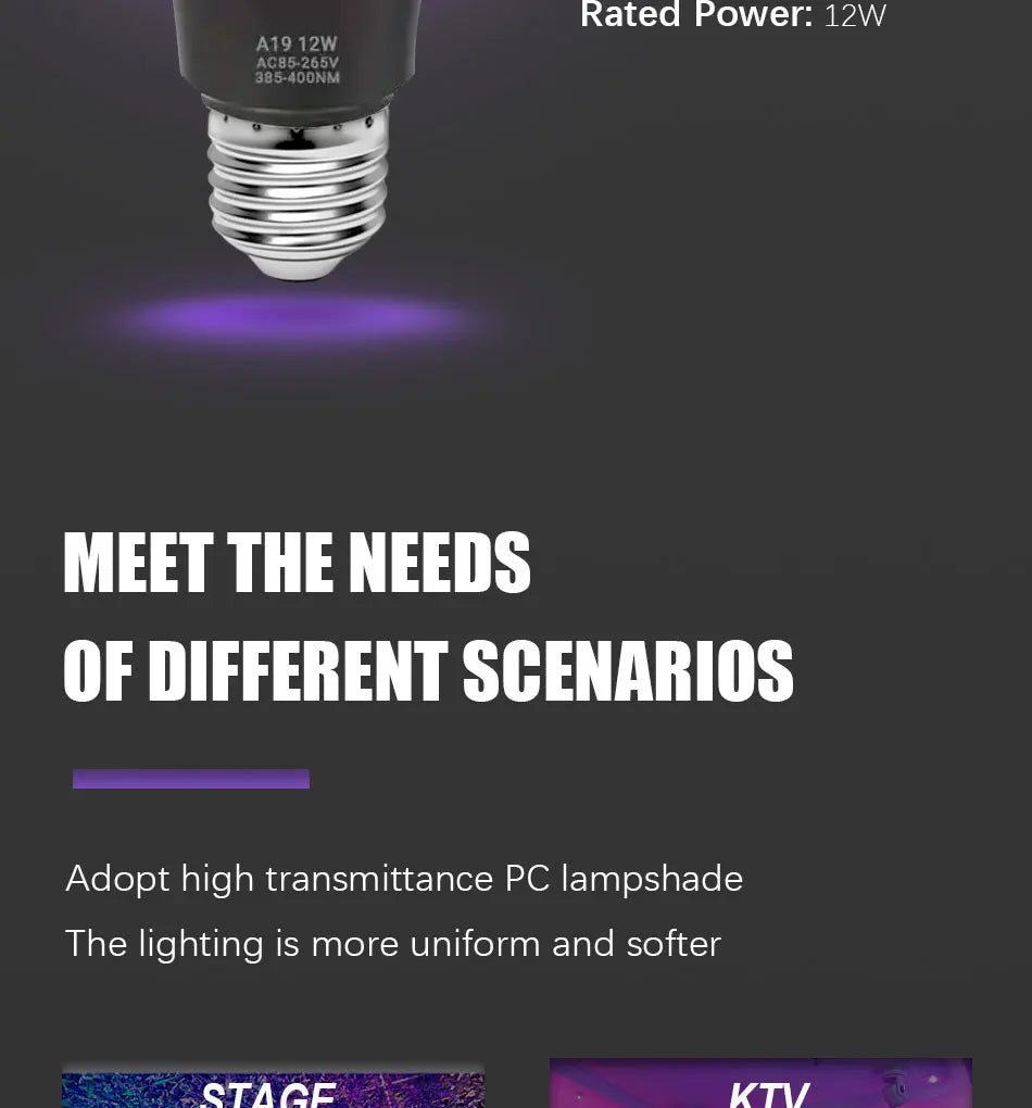 12W UV LED Bulb AC85-265V Purple Transparent Stage Bar Light Holiday Halloween Atmosphere Decor for Background/Party