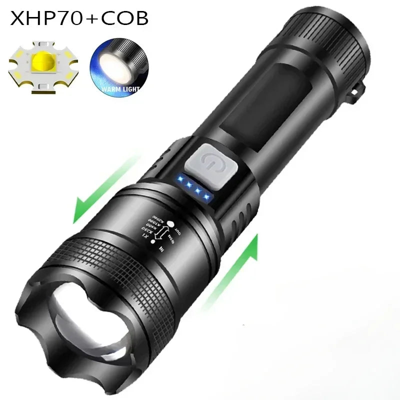 Powerful P70 LED Flashlights High Power Ultra Bright Tactical Light Emergency Spotlights Telescopic Zoom Light Built-in Battery