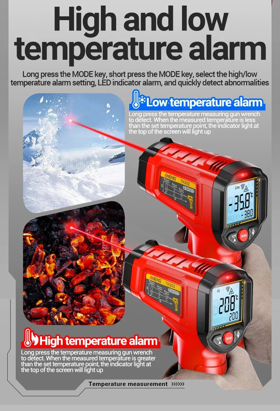 ANENG TH202 Infrared Thermometer Non-contact -50~600℃ Digital Laser Temperature Meter LCD display Pyrometer Point Gun Tester