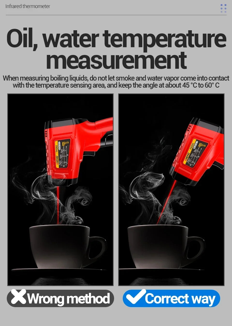ANENG TH202 Infrared Thermometer Non-contact -50~600℃ Digital Laser Temperature Meter LCD display Pyrometer Point Gun Tester