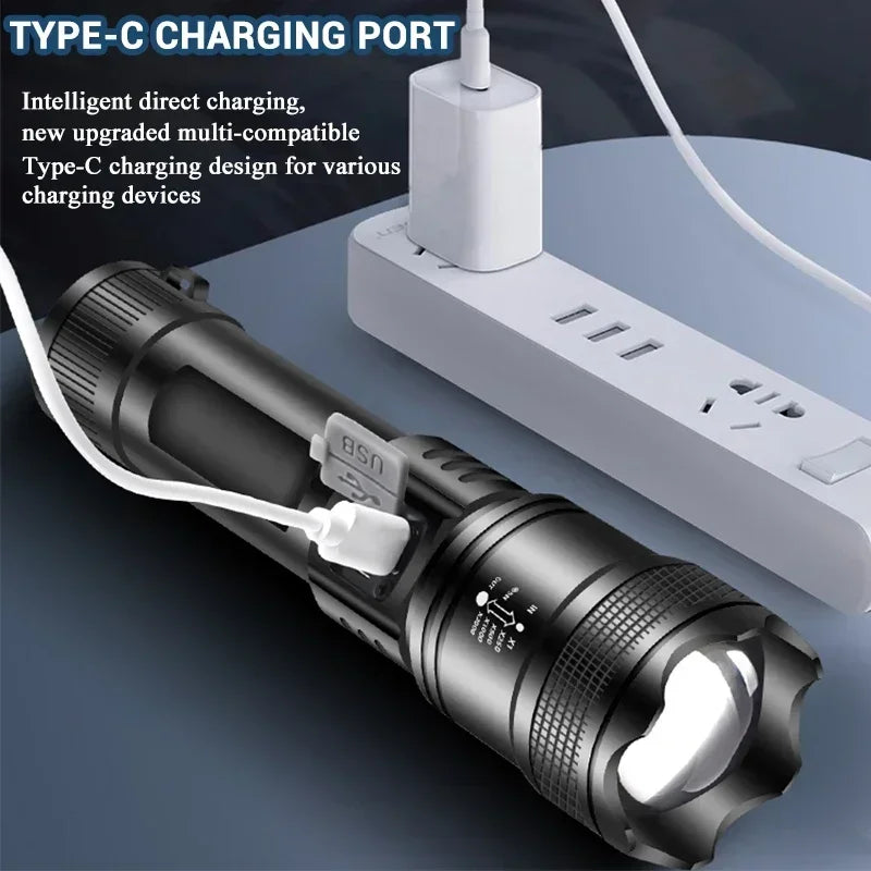 Powerful P70 LED Flashlights High Power Ultra Bright Tactical Light Emergency Spotlights Telescopic Zoom Light Built-in Battery