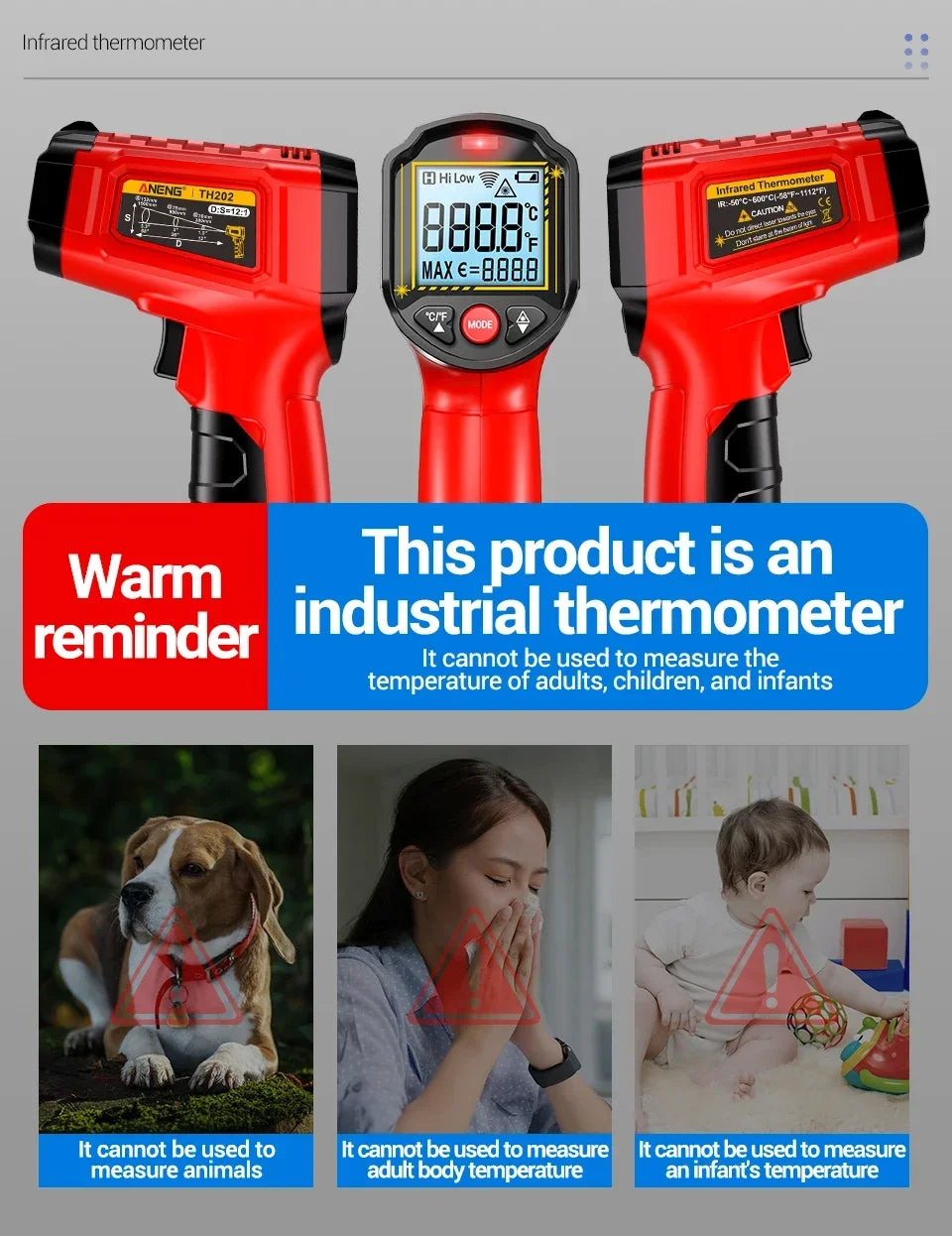 ANENG TH202 Infrared Thermometer Non-contact -50~600℃ Digital Laser Temperature Meter LCD display Pyrometer Point Gun Tester