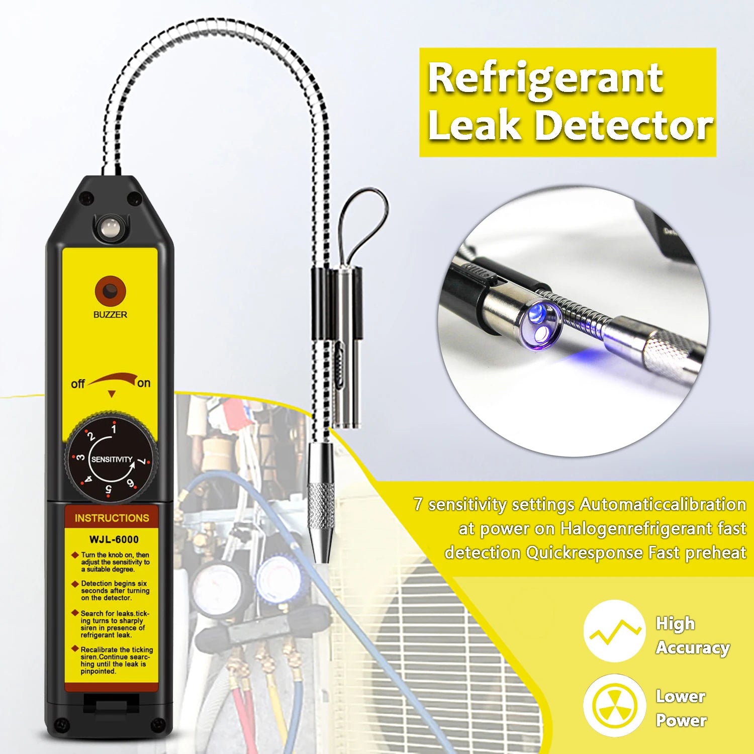 WJL-6000 Freon Leak Detector Halogen Leak Detector R22 R410A R134A R1234YF Refrigerant Gas HVAC Air Conditioner Tester Tool