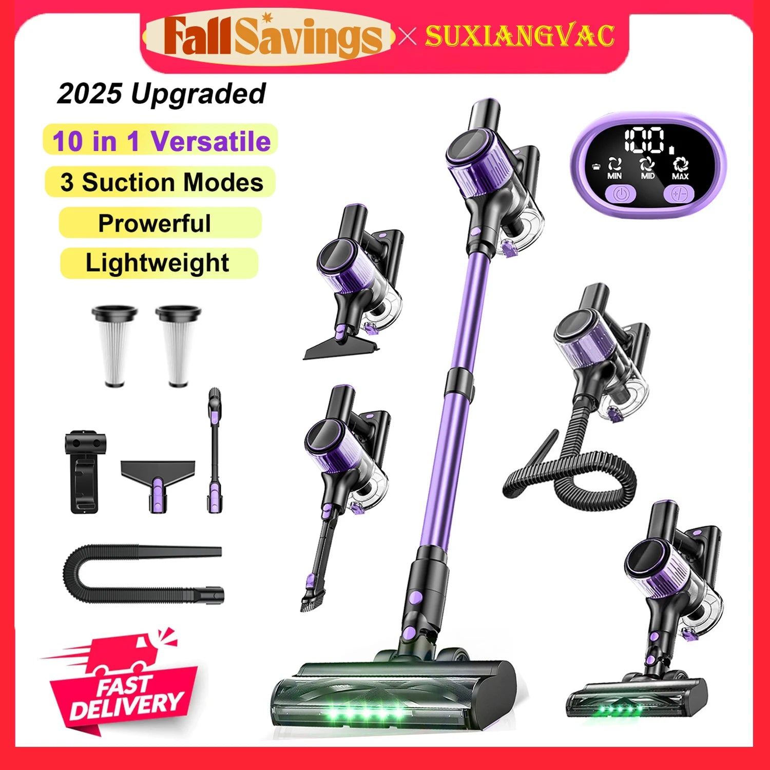 Cordless Vacuum Cleaner, 40Kpa/500W/45min 10 in 1 Powerful Stick Lightweight Vacuum Cleaner for Home Pet Hair/Hard Floor/Carpet