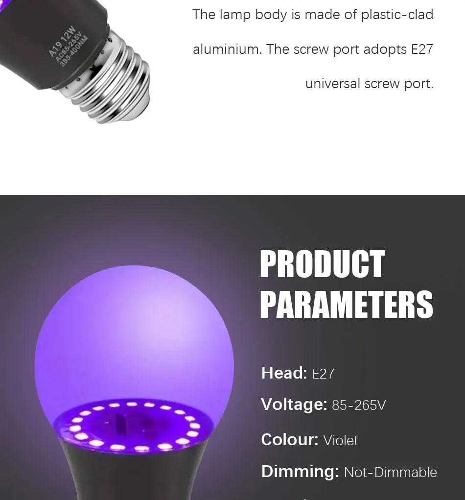 12W UV LED Bulb AC85-265V Purple Transparent Stage Bar Light Holiday Halloween Atmosphere Decor for Background/Party
