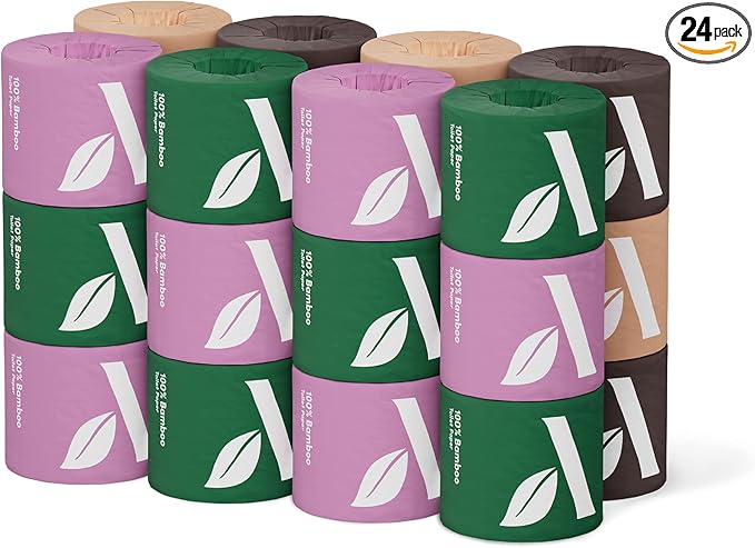 Amazon Aware 100% Bamboo 3-Ply Toilet Paper, Unscented, 24 Rolls, FSC Certified, 350 Sheets, 8400 Count, Pack of 24, Plastic-Free