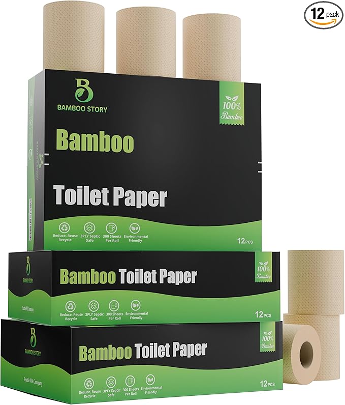 Bamboo Toilet Paper Unbleached, 12 Rolls, 3 Ply and 300 Sheets Bamboo Toilet Tissue - FSC Certified, Biodegradable, Chemical Free, Plastic Free, BPA Free, Septic Safe Toilet Paper