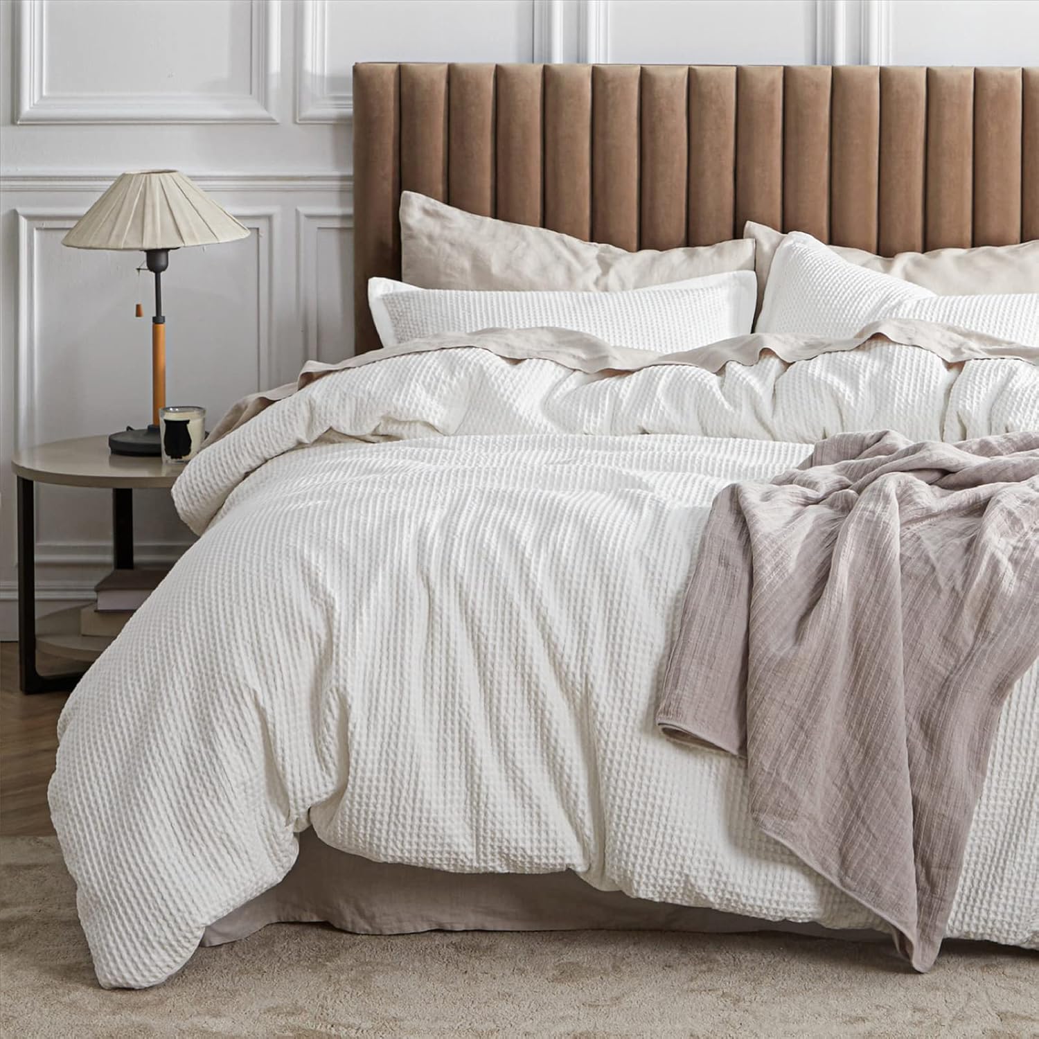 Bedsure Cotton Duvet Cover King - 100% Cotton Waffle Weave Coconut White Duvet Cover King Size, GentleSoft™ and Breathable Bedding Set for All Season, 3 Pieces, 104"x90"