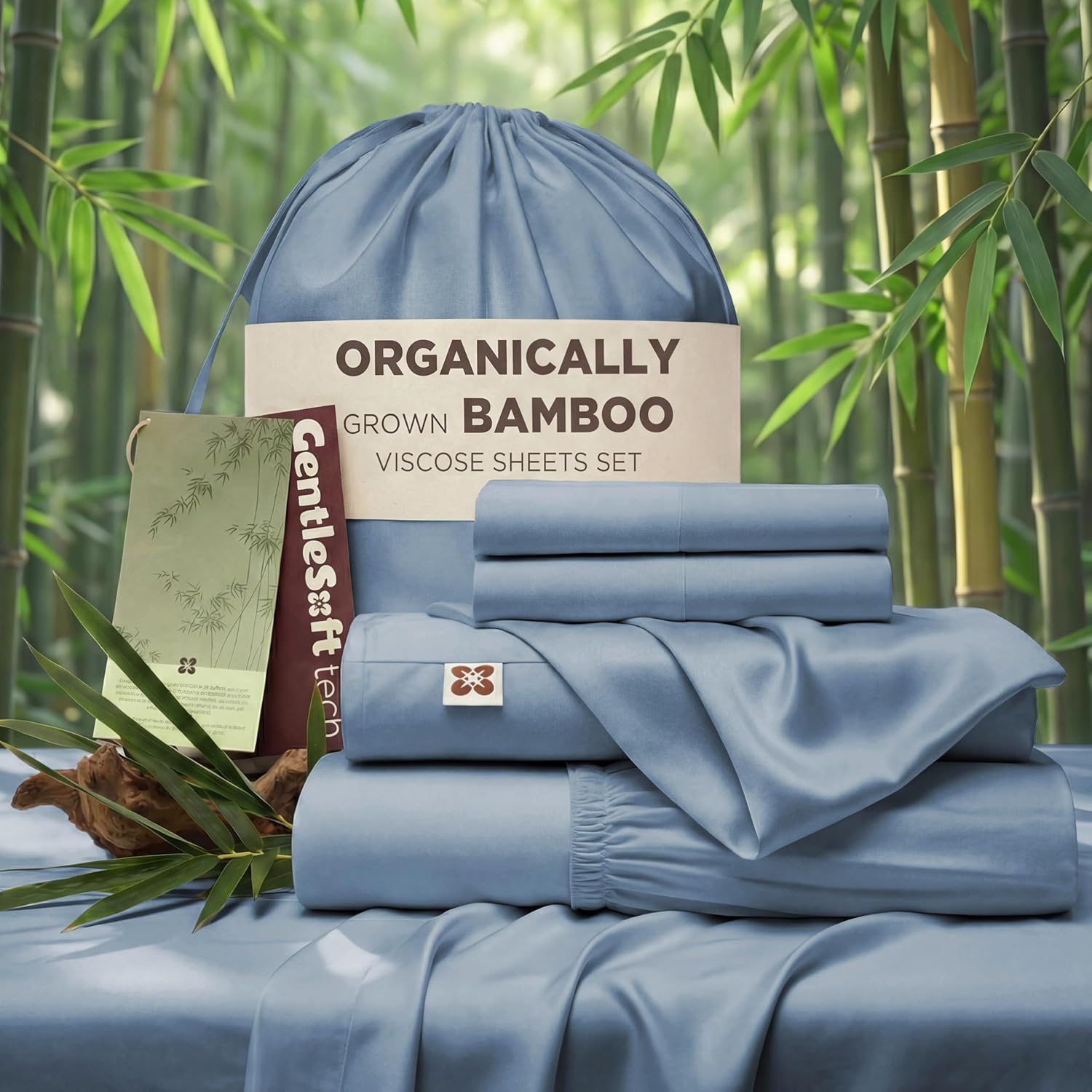 Bedsure 100% Organically Grown Bamboo Viscose Sheets - 18 Inches Deep Pocket Sheets with Elastic Corner, Queen Sheet Set, Ultra-Soft, Silky & Cooling Bedsheets, Oeko-Tex, 4 Pieces, Mineral Blue