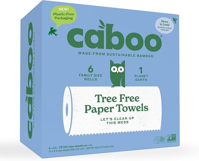 Caboo Tree Free Paper Towels, 6 Rolls, Eco Friendly, Earth Friendly, Sustainable Kitchen Paper Towels with Strong 2 Ply Sheets