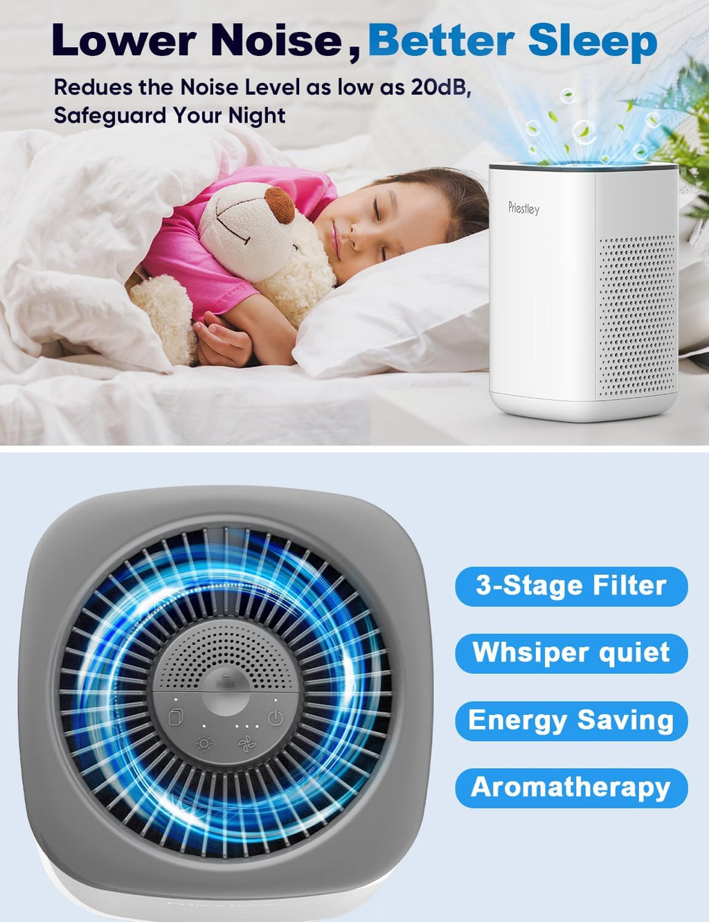 Priestley Small Air Purifiers for Home Bedroom Dorm Office Desktop